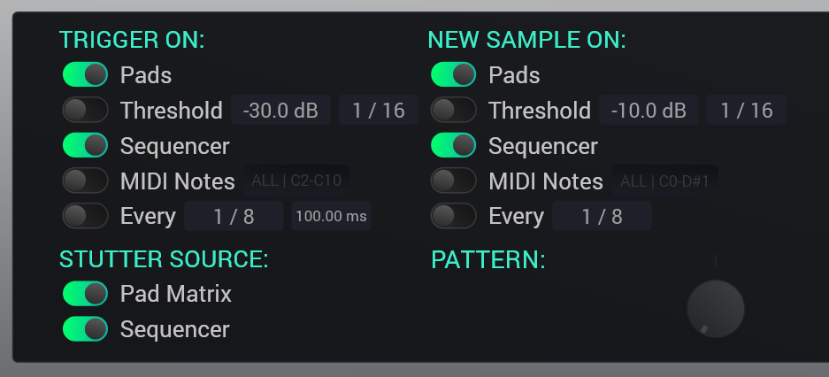 Mode Matrix showing trigger, record, and stutter source toggles
